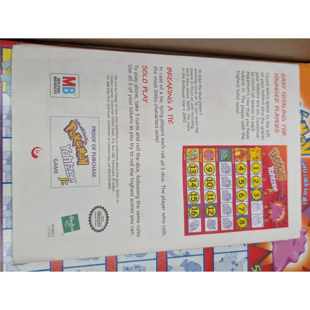 Pokemon Yahtzee Jr 1999 Milton Bradley Vintage Board Game Missing 1 Die